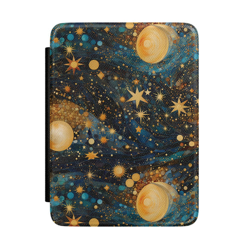 Teal and navy Kindle Paperwhite case with gold planets and starbursts front cover — Dark Romantasy celestial gift
