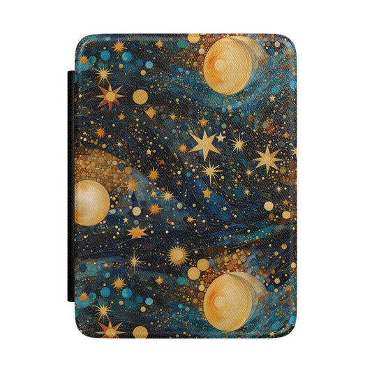 Teal and navy Kindle Paperwhite case with gold planets and starbursts front cover — Dark Romantasy celestial gift