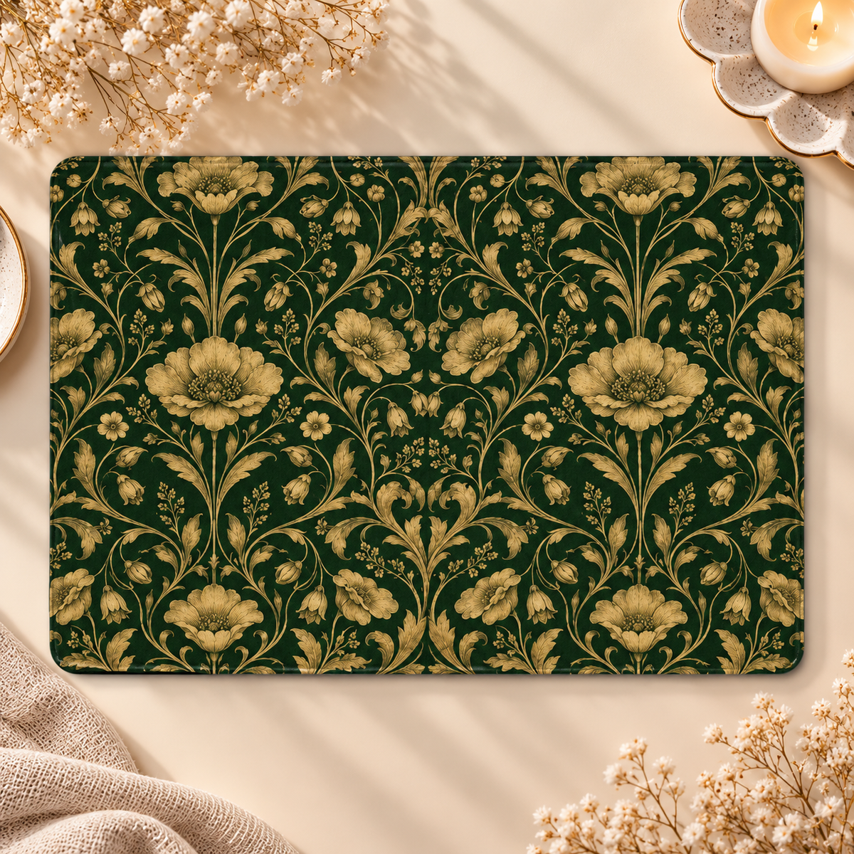Gilded Emerald Damask Kindle case opened flat, front and back — gold flowers and scrolling vines on deep green