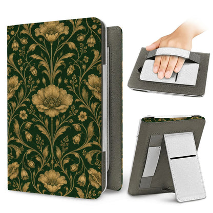 Gilded Emerald Damask Kindle case — elastic hand strap and fold-out stand on the back