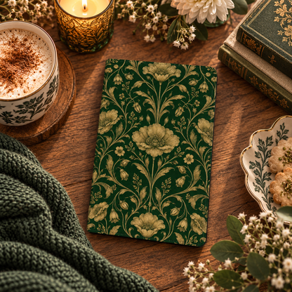 Gilded Emerald Damask Kindle case — gold floral damask on deep green, styled with a latte, candle and old books