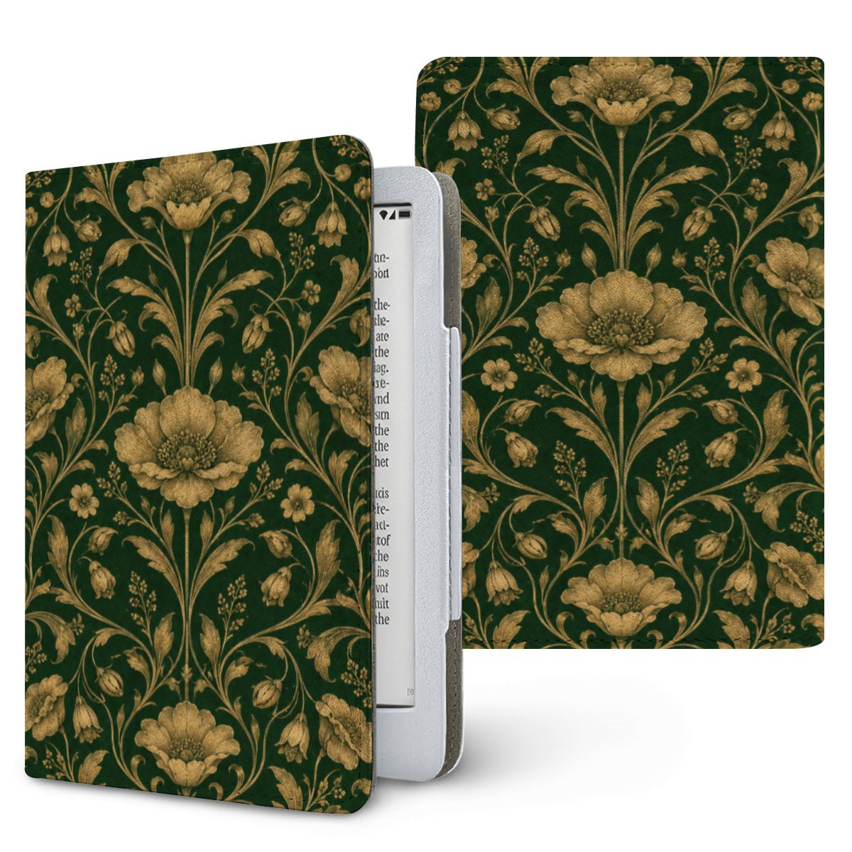 Gilded Emerald Damask Kindle case — antique gold flowers and scrolling vines on deep green, printed front and back