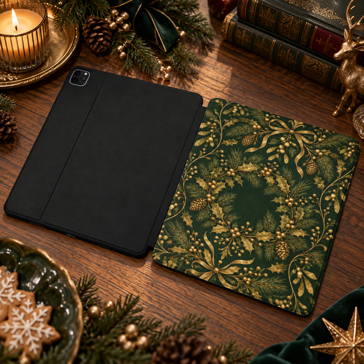 Gilded Holly iPad case shown front and back — printed front cover, plain black back