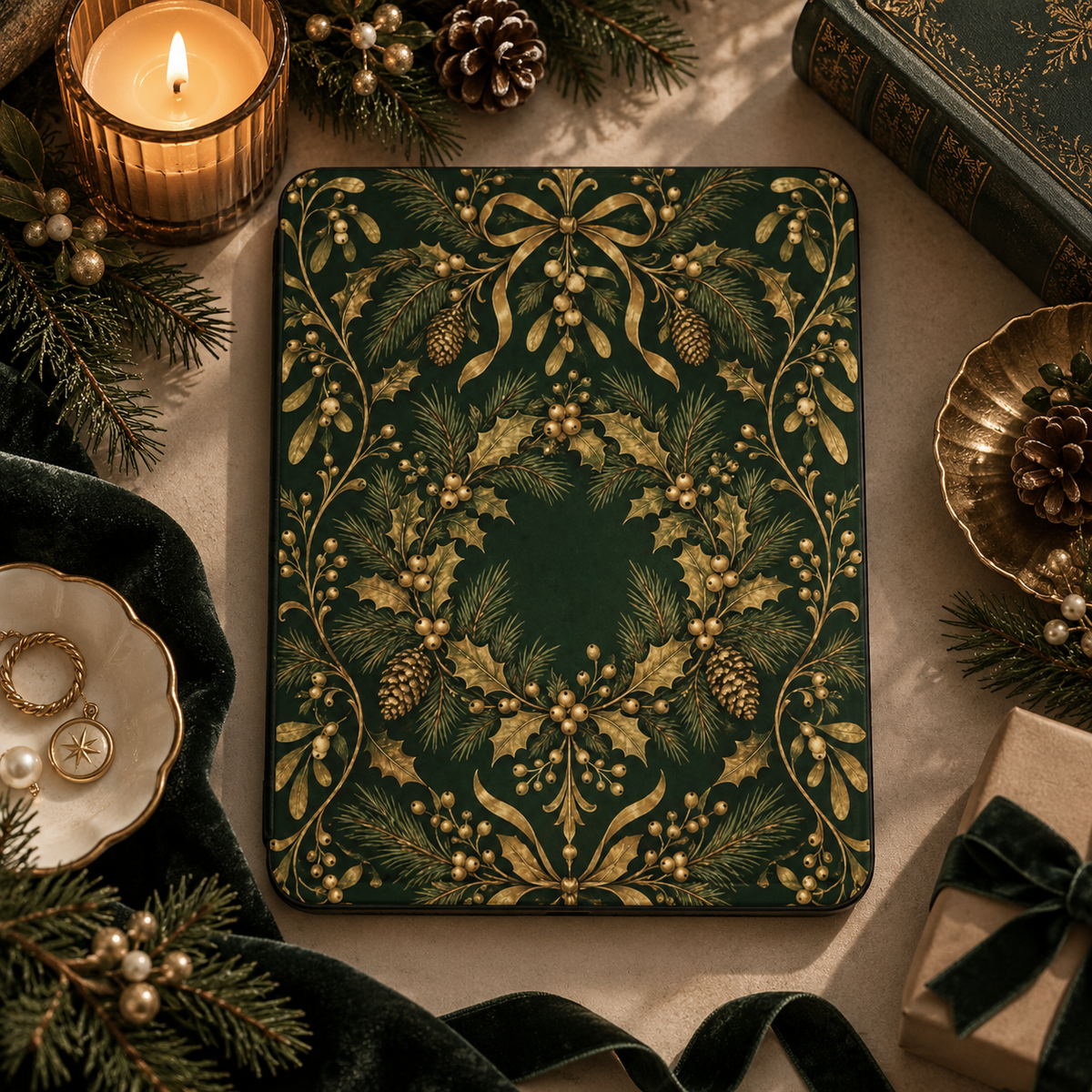 Gilded Holly iPad case styled with a candle, pine cones and green velvet ribbon