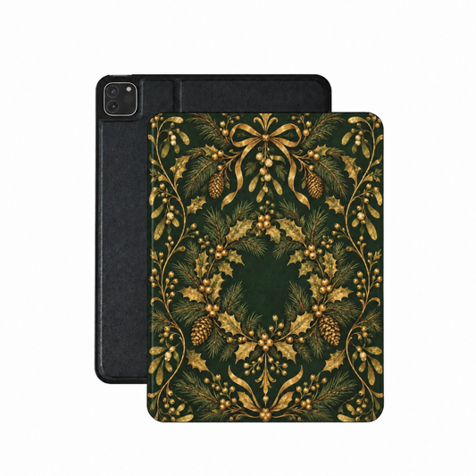Gilded Holly iPad case — gold holly wreath with pine cones on forest green