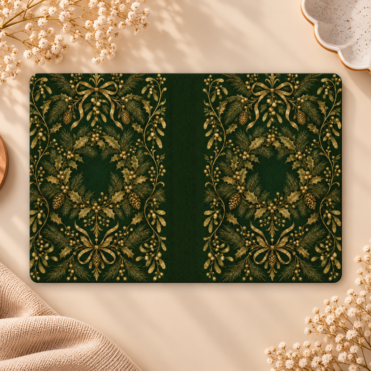 Gilded Holly Kindle case opened flat, front and back — gold holly wreath, pine cones and ribbon bows on forest green