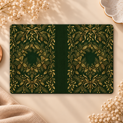 Gilded Holly Kindle case opened flat, front and back — gold holly wreath, pine cones and ribbon bows on forest green