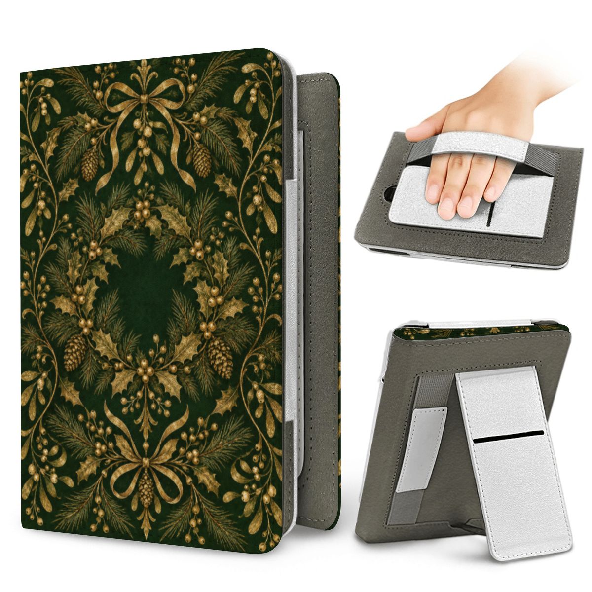 Gilded Holly Kindle case — elastic hand strap and fold-out stand on the back