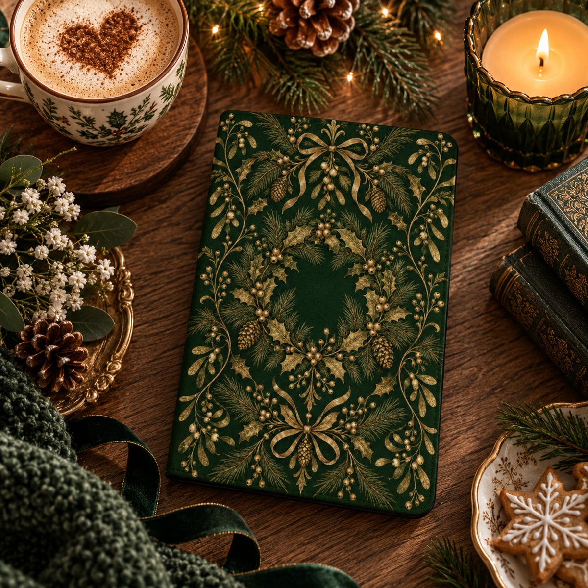 Gilded Holly Kindle case — gold holly wreath on forest green, styled with a latte, green candle and pine cones
