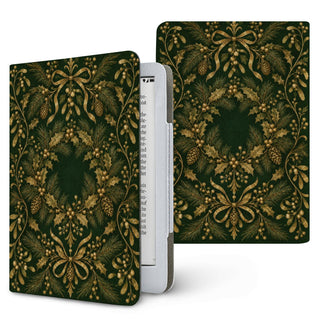 Gilded Holly Kindle case — gold holly and mistletoe wreath on forest green, printed front and back