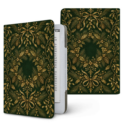 Gilded Holly Kindle case — gold holly and mistletoe wreath on forest green, printed front and back