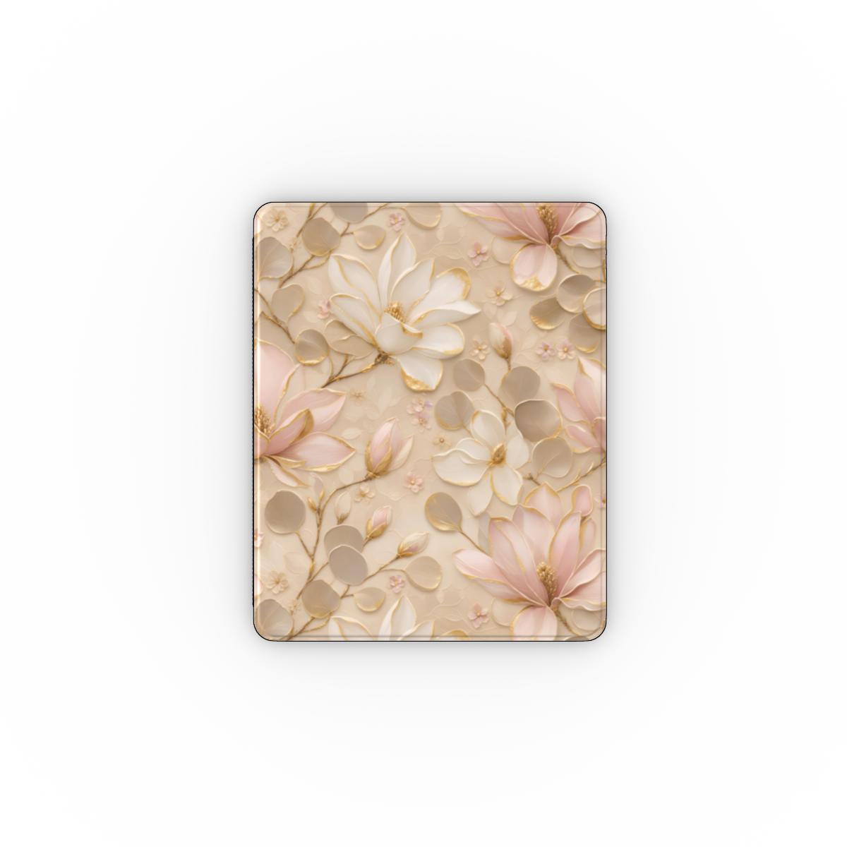 Gilded magnolia iPad case open, showing the stand fold and interior