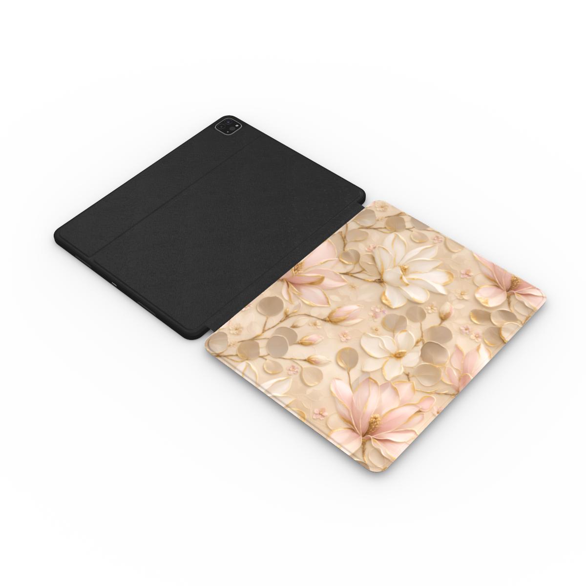 Gilded magnolia iPad case with the Apple Pencil charging in its cutout