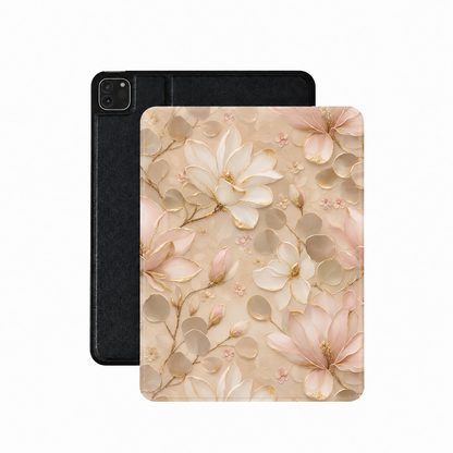 Gilded magnolia iPad case in champagne vegan leather — gold-edged blush floral folio