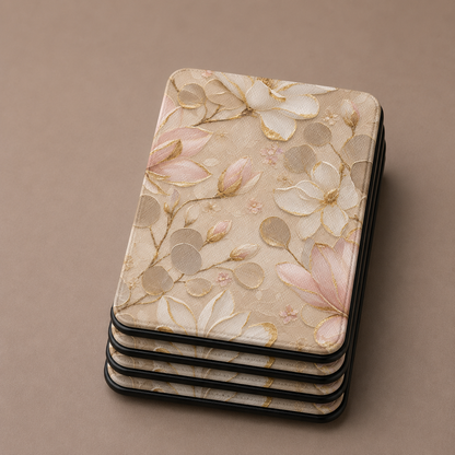 Gilded magnolia Kindle case front cover close-up — Maison Noir gold and blush floral print