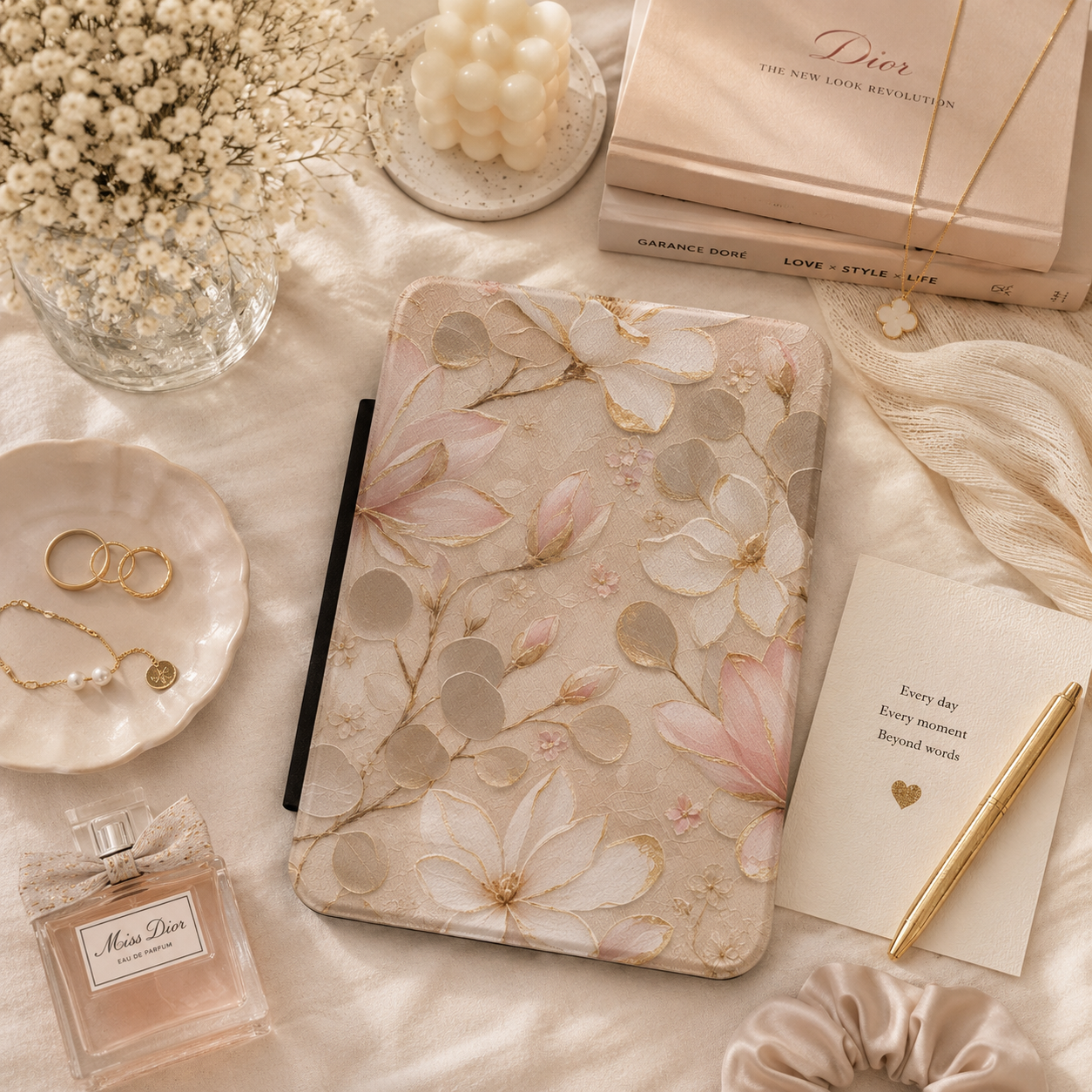 Champagne Kindle Paperwhite case with gold-edged magnolias — Maison Noir floral gift for her