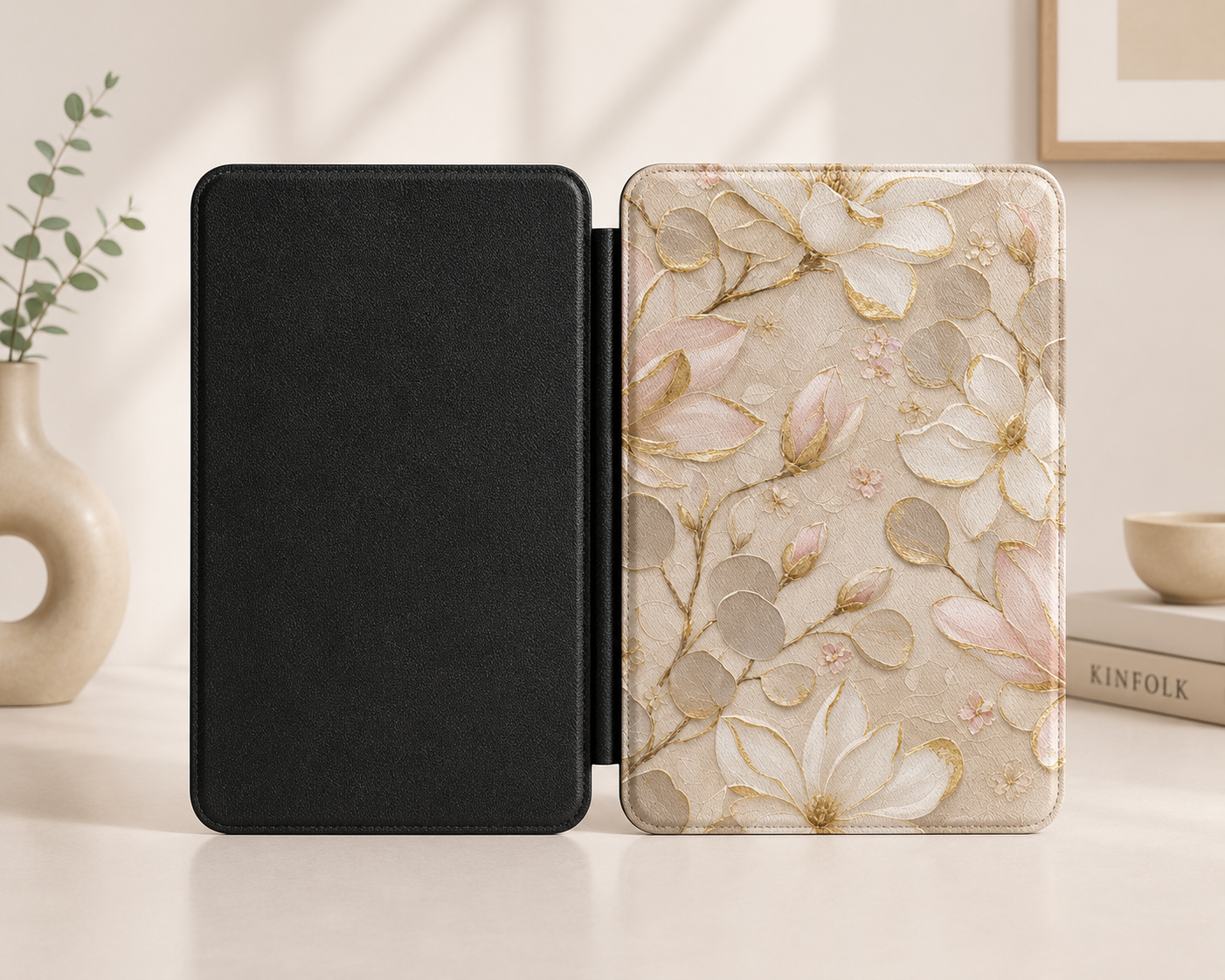 Gilded magnolia Kindle case open showing black interior — Maison Noir champagne floral