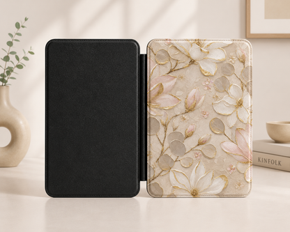 Gilded magnolia Kindle case open showing black interior — Maison Noir champagne floral