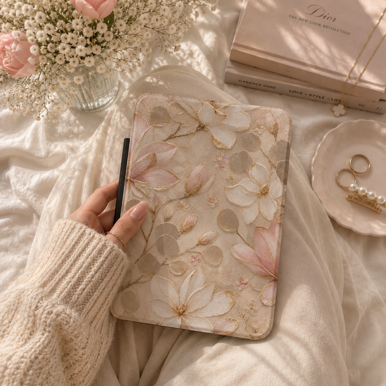 Gilded magnolia Kindle case with elastic hand strap — Maison Noir champagne floral print