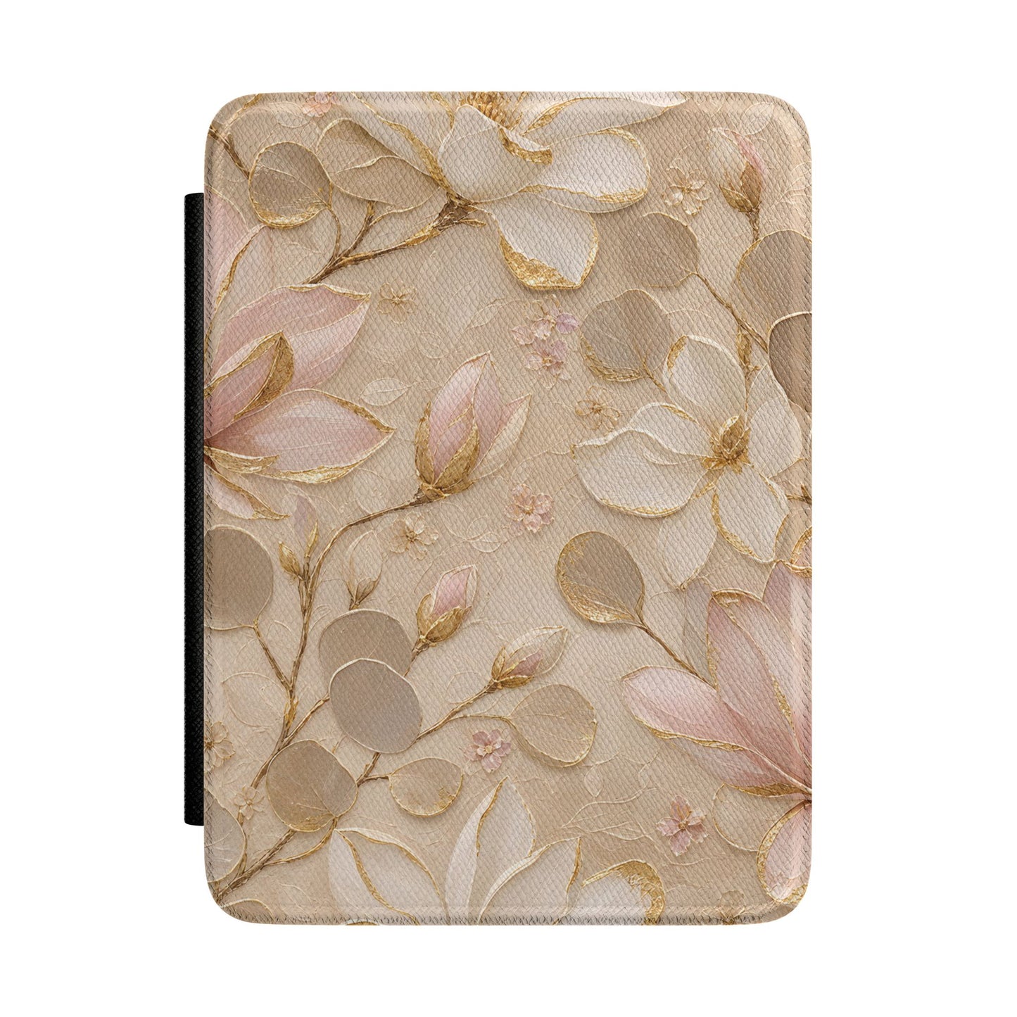 Champagne Kindle Paperwhite case with gold-edged magnolias front cover — Maison Noir floral gift for her