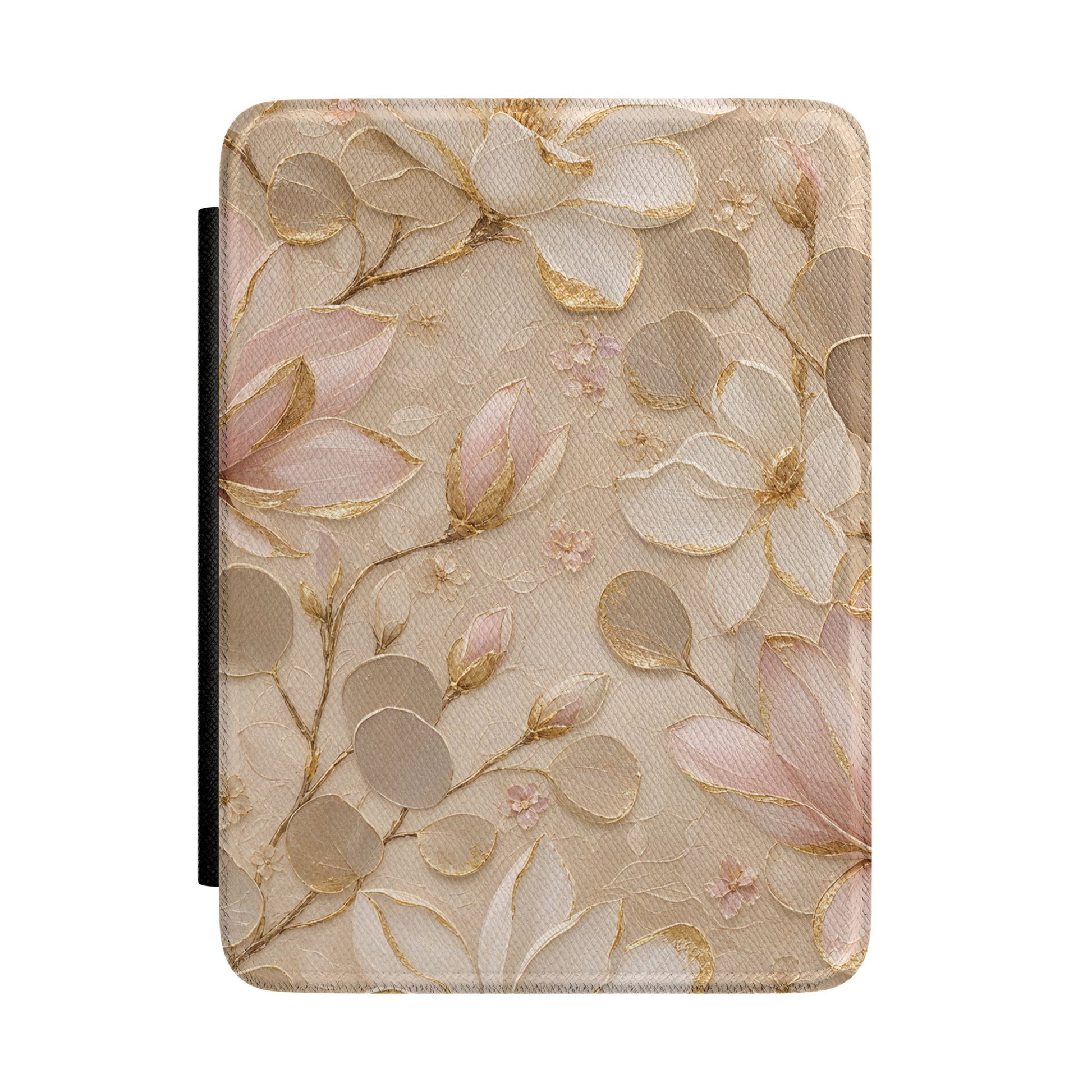 Champagne Kindle Paperwhite case with gold-edged magnolias front cover — Maison Noir floral gift for her
