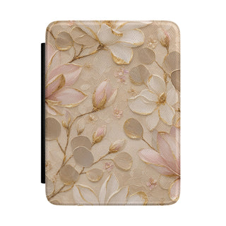 Champagne Kindle Paperwhite case with gold-edged magnolias front cover — Maison Noir floral gift for her
