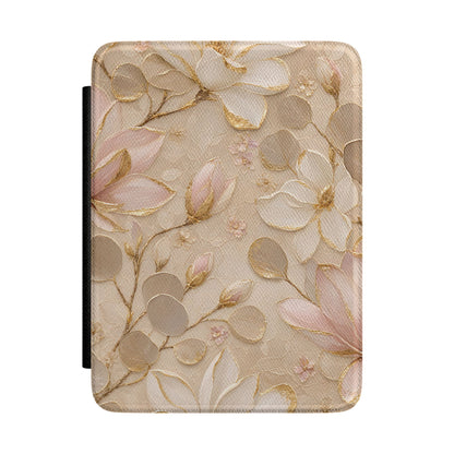 Champagne Kindle Paperwhite case with gold-edged magnolias front cover — Maison Noir floral gift for her