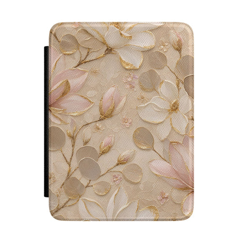 Champagne Kindle Paperwhite case with gold-edged magnolias front cover — Maison Noir floral gift for her