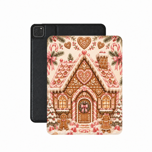 Gingerbread House iPad case — pink-iced gingerbread house with candy canes on cream
