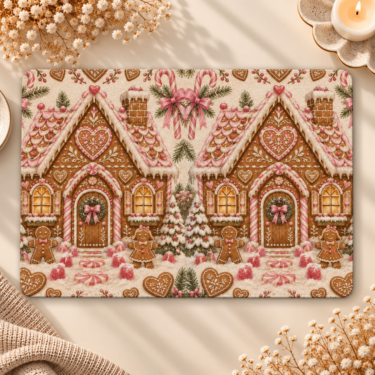 Gingerbread House Kindle case opened flat, front and back — two pink-iced gingerbread houses and a snowy tree