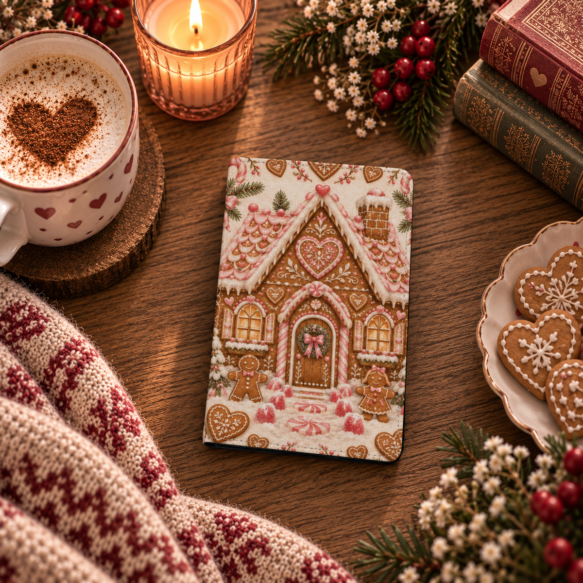 Gingerbread House Kindle case styled with a heart latte, candle, gingerbread cookies and red Fair Isle knit