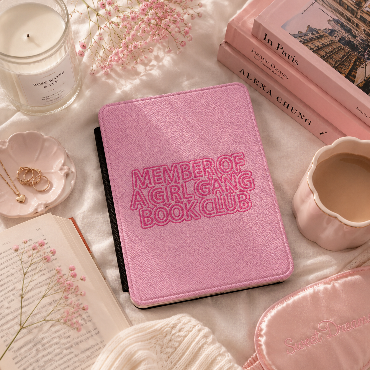Girl Gang Book Club Kindle case shown at an angle