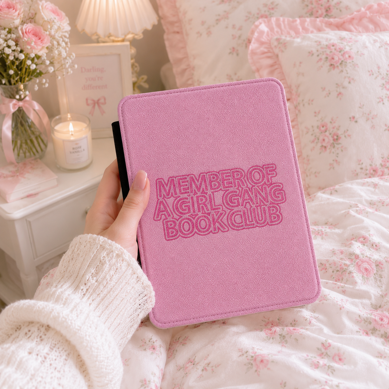 Close-up of Girl Gang Book Club Saffiano Kindle case