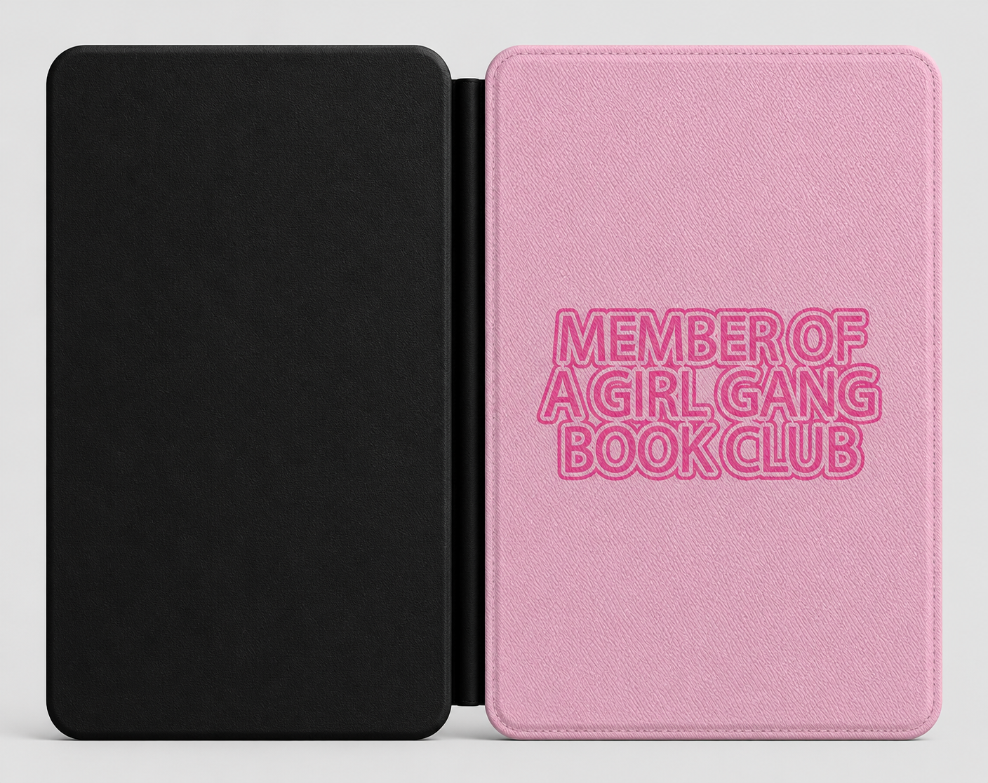 Girl Gang Book Club Kindle case open showing e-ink Kindle on right interior panel