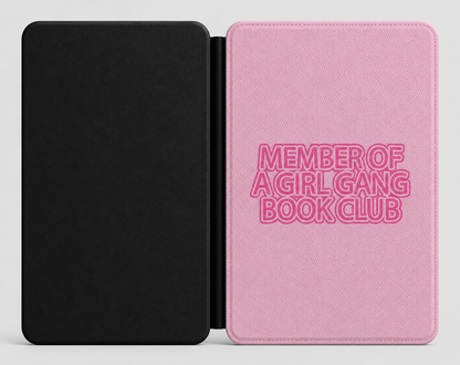 Girl Gang Book Club Kindle case open showing e-ink Kindle on right interior panel