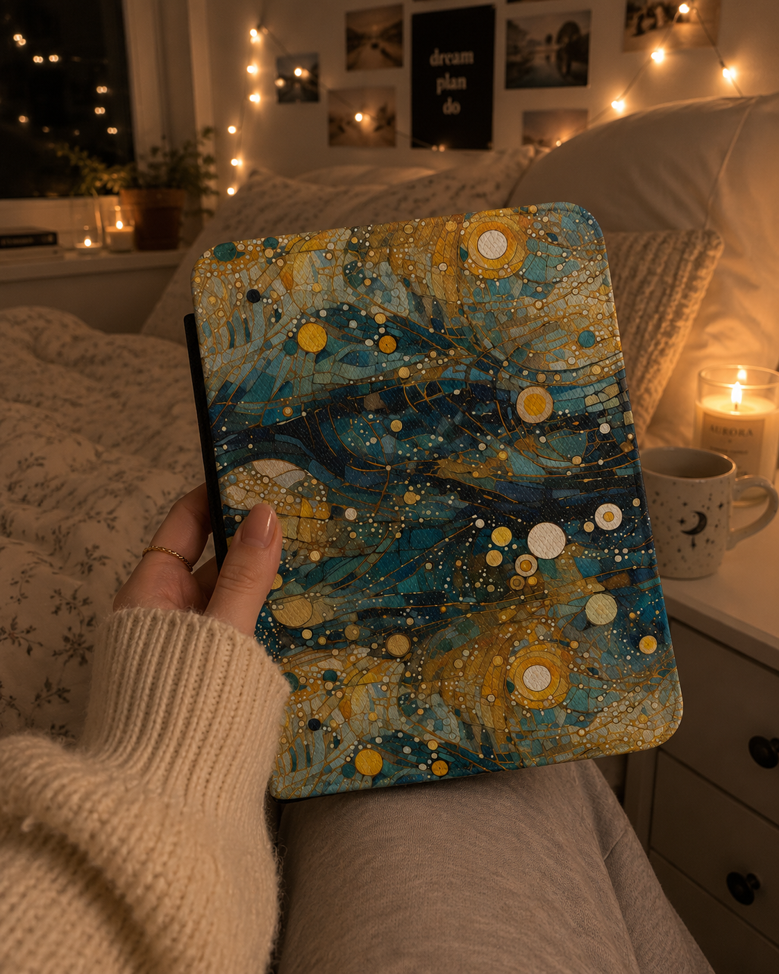Gold blue mosaic Kindle case — additional view
