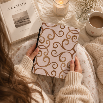 Gold filigree Kindle case front cover close-up — Maison Noir blush scrollwork
