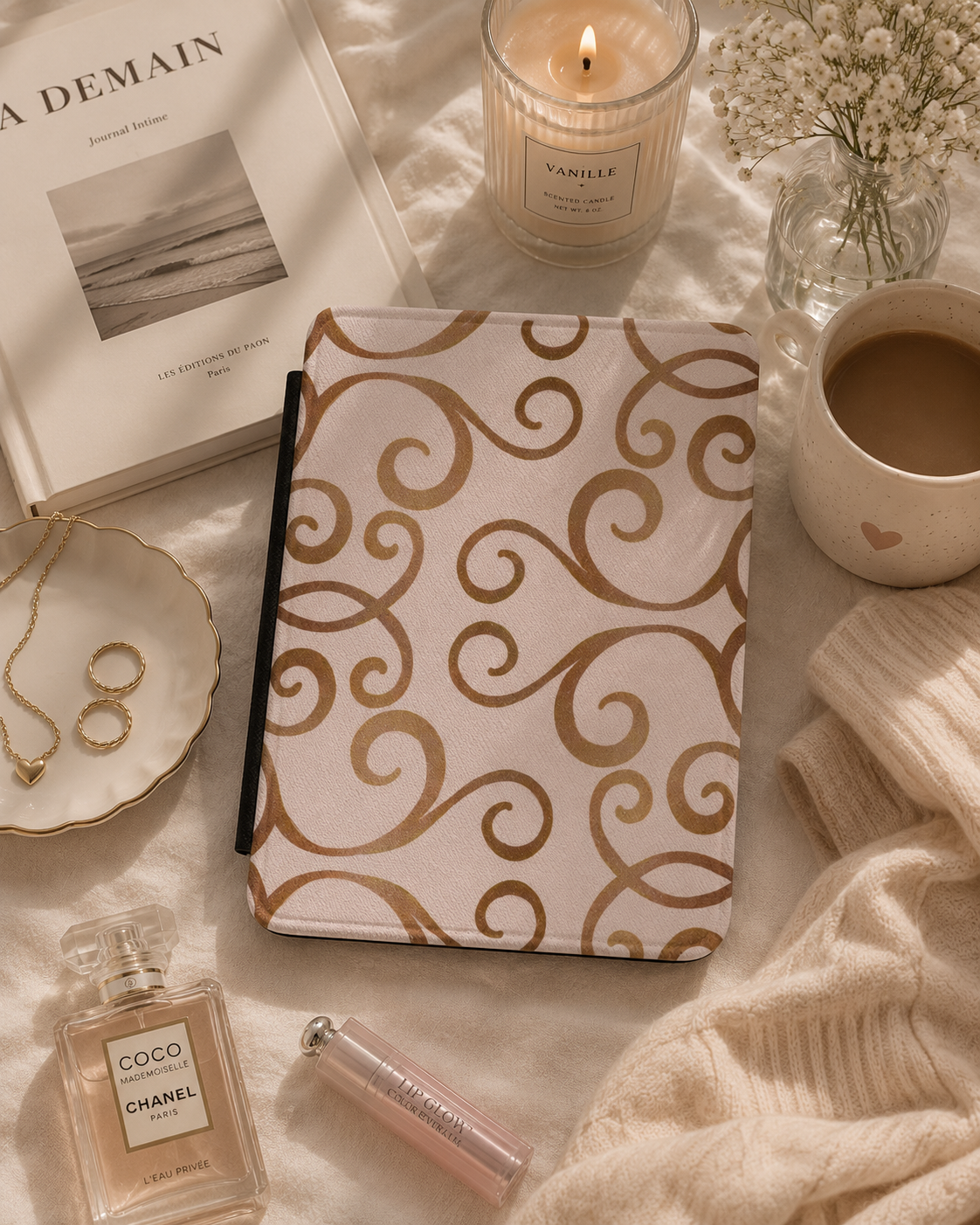 Blush Kindle Paperwhite case with gold filigree scrollwork — Maison Noir gift for her