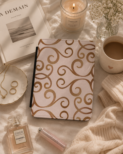Blush Kindle Paperwhite case with gold filigree scrollwork — Maison Noir gift for her