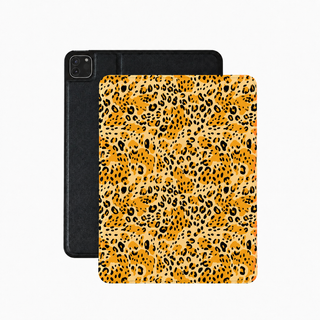 Golden cheetah iPad case in yellow vegan Saffiano leather — dense cheetah spot print