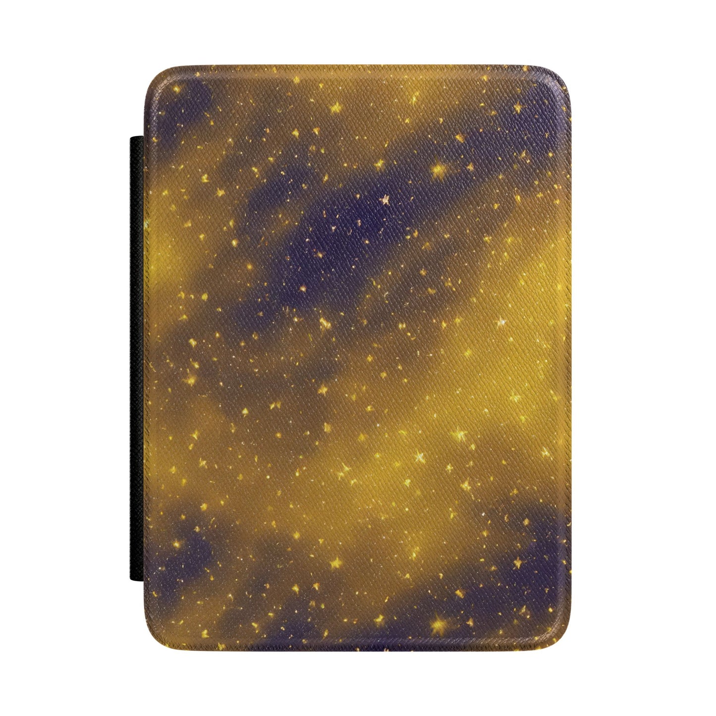 Deep navy Kindle Paperwhite case with gold nebula clouds and stars front cover — Dark Romantasy celestial gift