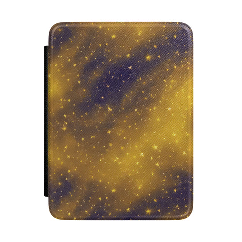 Deep navy Kindle Paperwhite case with gold nebula clouds and stars front cover — Dark Romantasy celestial gift