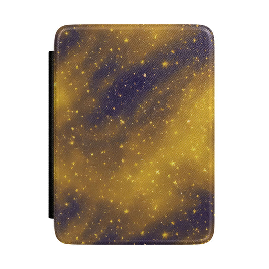 Deep navy Kindle Paperwhite case with gold nebula clouds and stars front cover — Dark Romantasy celestial gift