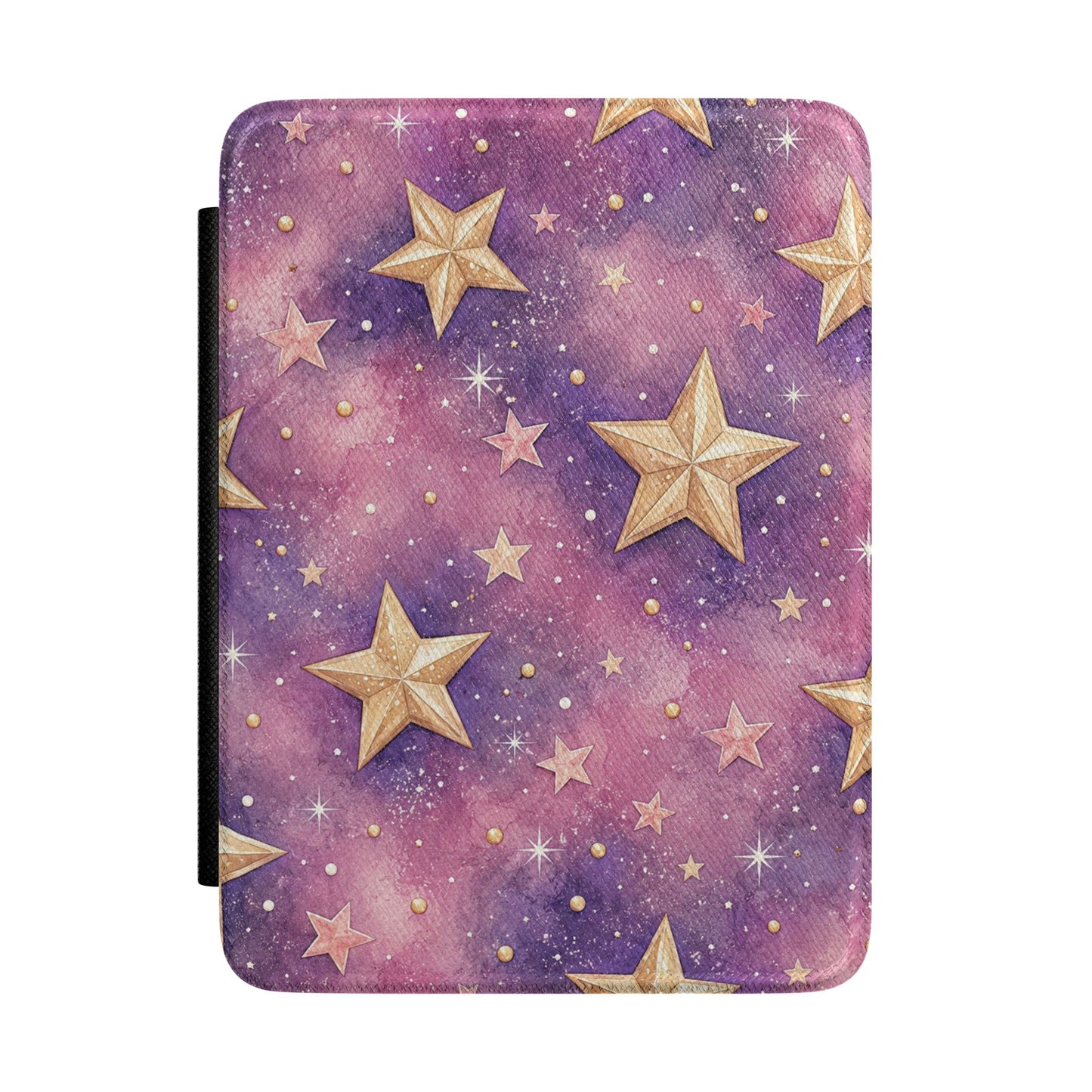Pink and purple watercolour galaxy Kindle Paperwhite case with gold stars front cover — Dark Romantasy celestial gift