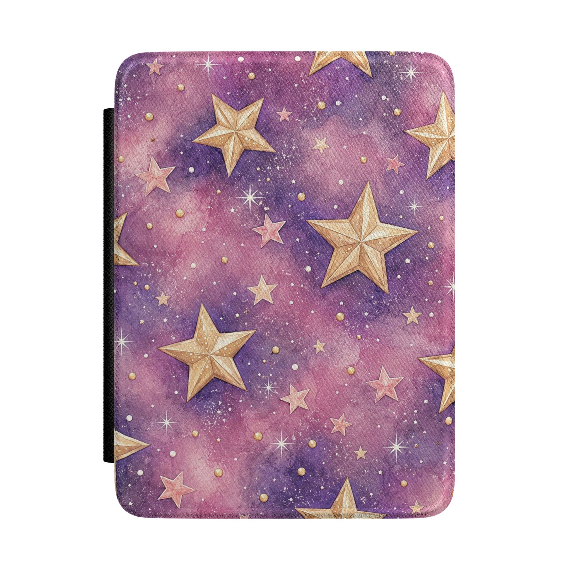 Pink and purple watercolour galaxy Kindle Paperwhite case with gold stars front cover — Dark Romantasy celestial gift