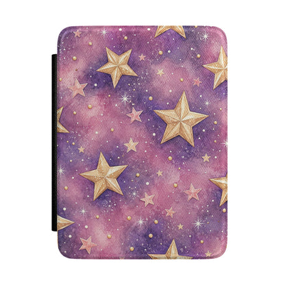 Pink and purple watercolour galaxy Kindle Paperwhite case with gold stars front cover — Dark Romantasy celestial gift
