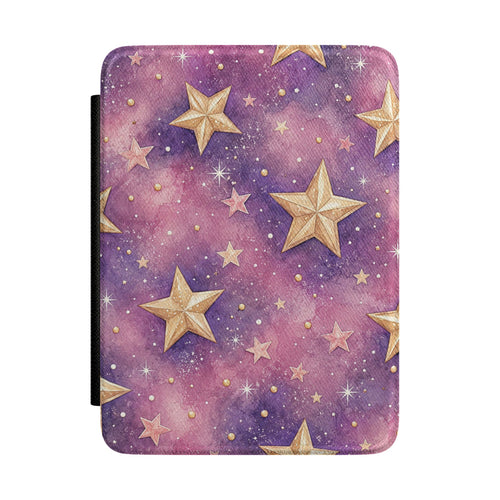 Pink and purple watercolour galaxy Kindle Paperwhite case with gold stars front cover — Dark Romantasy celestial gift