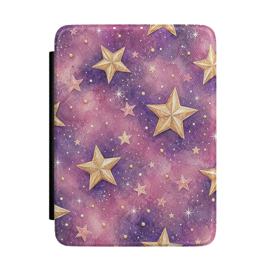 Pink and purple watercolour galaxy Kindle Paperwhite case with gold stars front cover — Dark Romantasy celestial gift