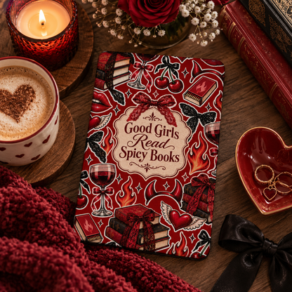 Good Girls Read Spicy Books Kindle case — red sticker collage, styled with a latte, red candle and a black bow