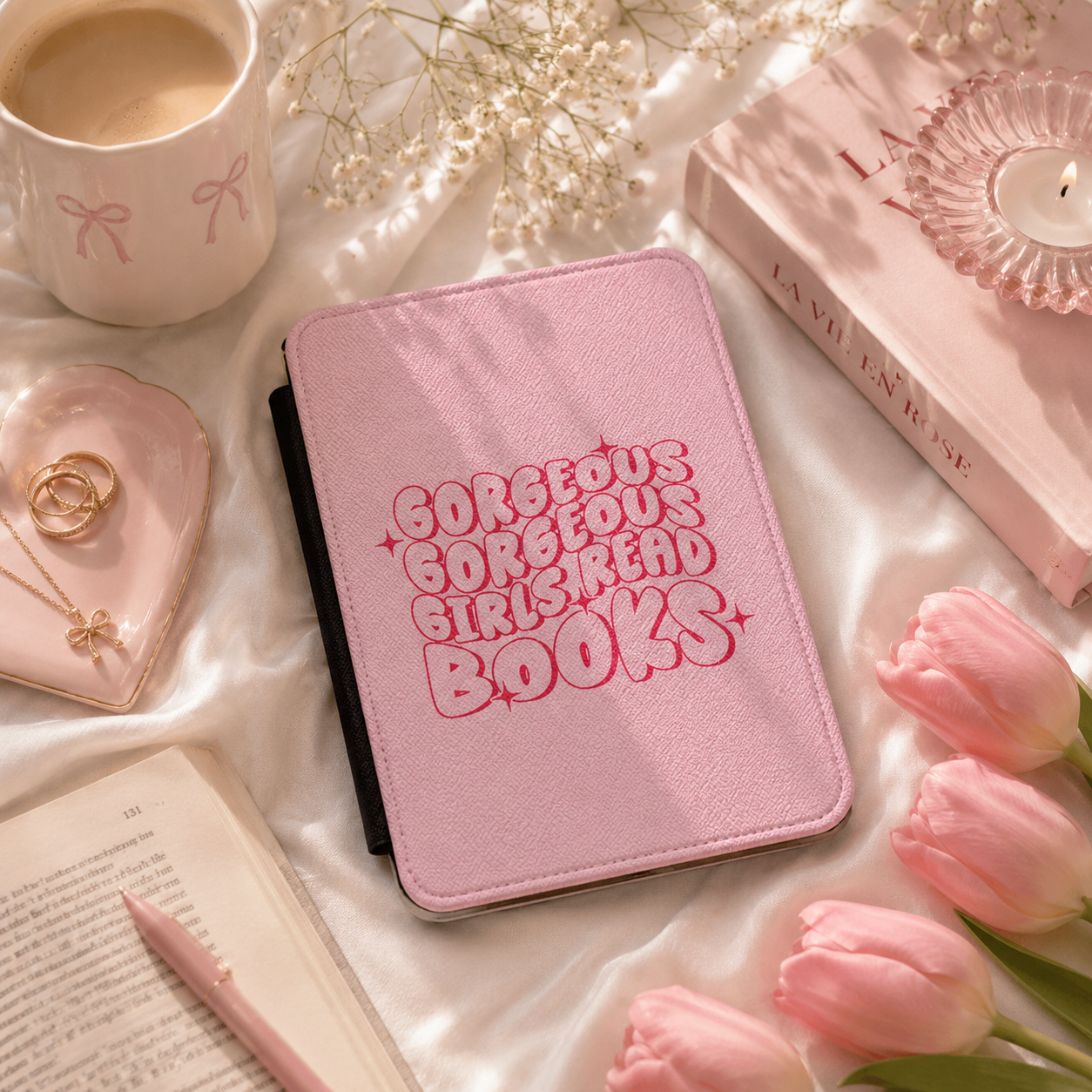 Gorgeous Girls Read Books Kindle case shown at an angle